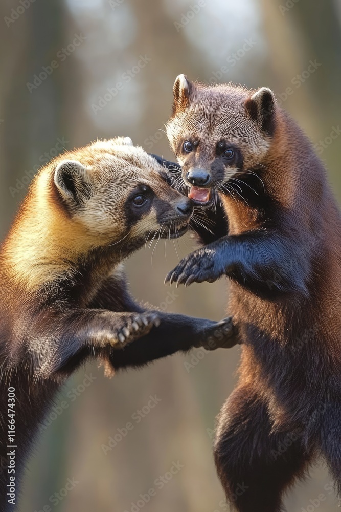 Fototapeta premium Two wolverines playfully interacting in a natural setting.