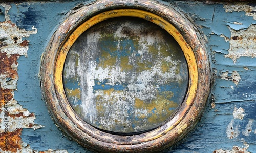 Rusty weathered porthole on old ship with peeling paint, nautical background