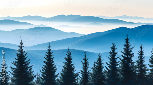 Serene misty mountain landscape with silhouetted evergreen trees, perfect for travel, nature, or serenity themes.