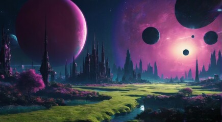 Leinwandbilder Aubergine "Futuristic landscape with pink and purple color scheme, featuring tall cylindrical structures, glowing planet, and dreamlike atmosphere."  © piyawat