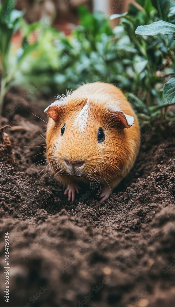 A cute guinea pig exploring a garden patch with fresh greenery and soil. A cute guinea pig exploring a garden patch with fresh greenery and soil.