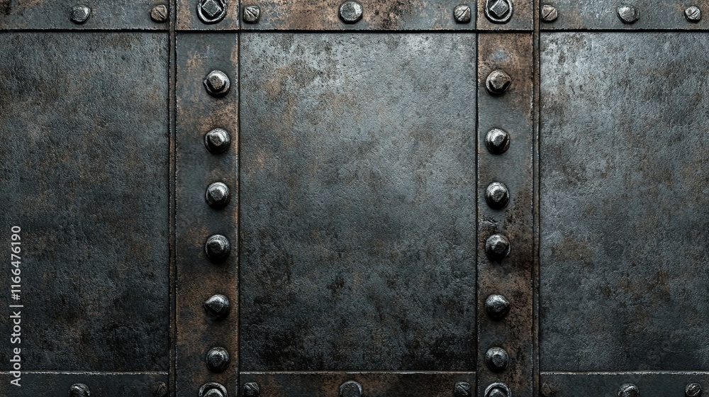 A weathered metal surface with rivets and textures, forming an industrial background A weathered metal surface with rivets and textures, forming an industrial background