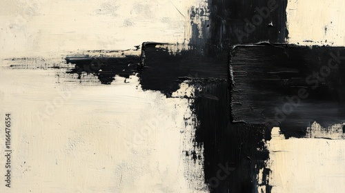Black cross brushstrokes on beige canvas abstract art.