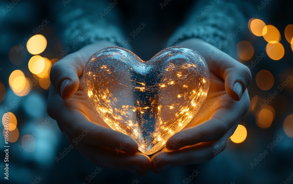 Female hands holding a heartshaped gift box, glowing bokeh lights in the background, soft holiday glow, romantic and festive mood for Christmas Female hands holding a heartshaped gift box, glowing bokeh lights in the background, soft holiday glow, romantic and festive mood for Christmas