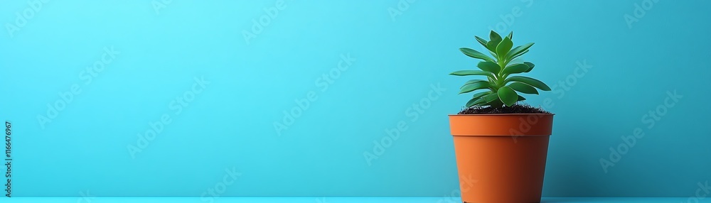 Obraz premium Green little plant in a small pot on a blue background, fresh and vibrant colors, minimalist design, perfect for nature and indoor plant themes