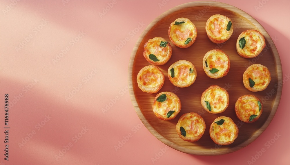 Quiches traditional food on wooden plate on pink background Quiches traditional food on wooden plate on pink background