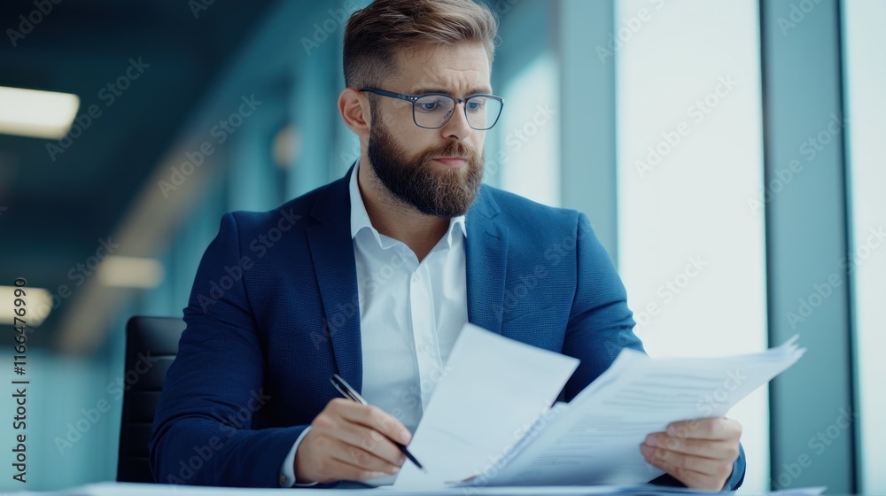 Fototapeta premium Man in a suit reviewing documents in a modern office setting.