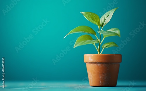 Green little plant in a pot on a blue background, vibrant and fresh, minimalist design, soft lighting, perfect for naturethemed content photo