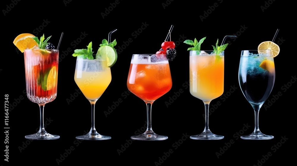 A colorful array of cocktails in elegant glasses on a black background. A colorful array of cocktails in elegant glasses on a black background.