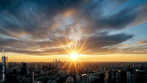 Stunning sunset and sunrise over city skyline with dramatic clouds and light rays
