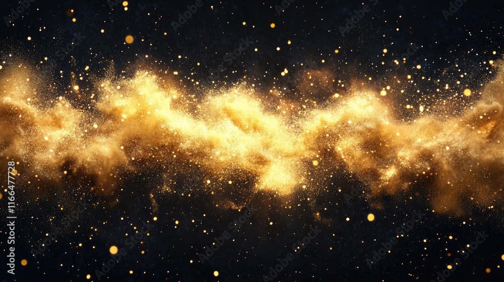 Golden dust cloud on black background; shimmering particles create a magical effect. Ideal for luxury, celebration, or cosmic designs; evokes feelings of opulence and wonder. Golden dust cloud on black background; shimmering particles create a magical effect. Ideal for luxury, celebration, or cosmic designs; evokes feelings of opulence and wonder.