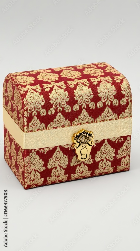 A decorative red and gold box with a clasp, suitable for storing jewelry or keepsakes.