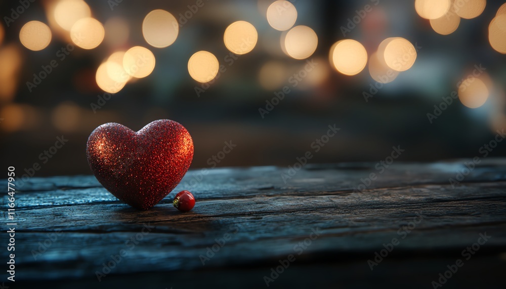Fototapeta premium Red heart placed on aged wooden surface with bokeh lights in the background, romantic and nostalgic vibe, ideal for Valentine s Day imagery and love quotes