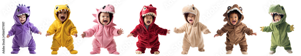 PNG Adorable dinosaur baby costumes lineup, element set on transparent background PNG Adorable dinosaur baby costumes lineup, element set on transparent background