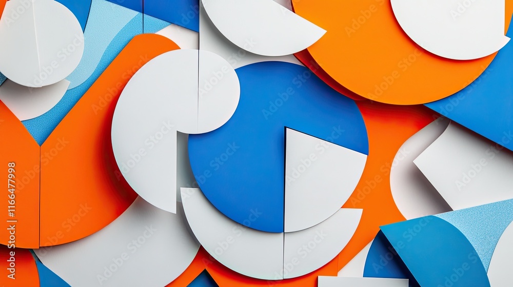 Abstract composition of overlapping geometric shapes in vibrant colors like orange, blue, and white. Abstract composition of overlapping geometric shapes in vibrant colors like orange, blue, and white.
