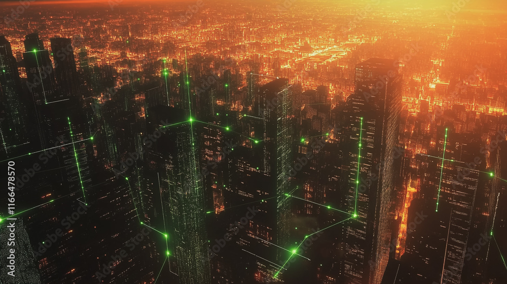 Obraz premium Smart Innovation city with connection cyber security network reciprocity over the sunset cityscape future wireless digital city and social media networking systems that connects people in the city