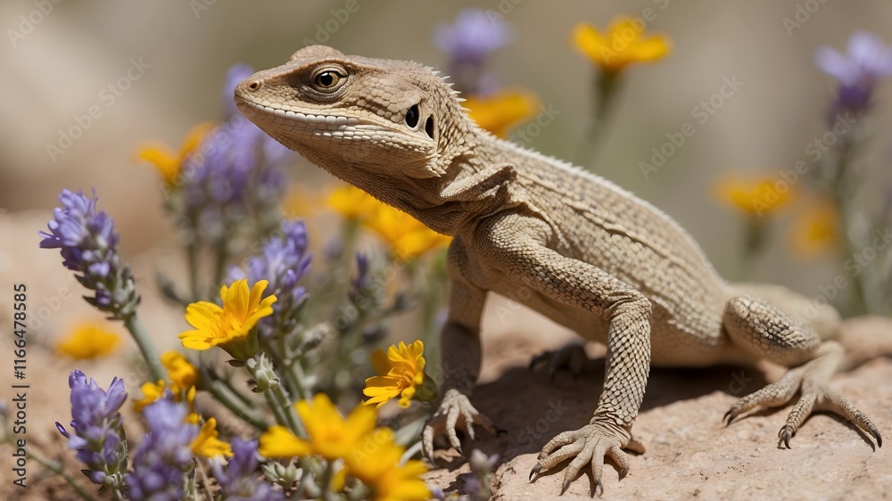 Naklejka premium Wildflower Symphony: A Lizard's Springtime Adventure in Coachella Valley