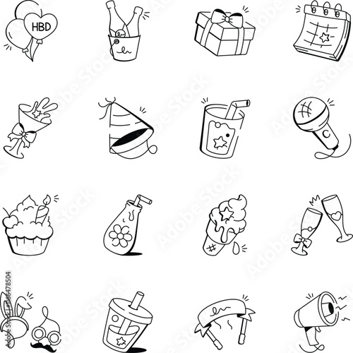 Collection of 16 Birthday Doodle Icons 

