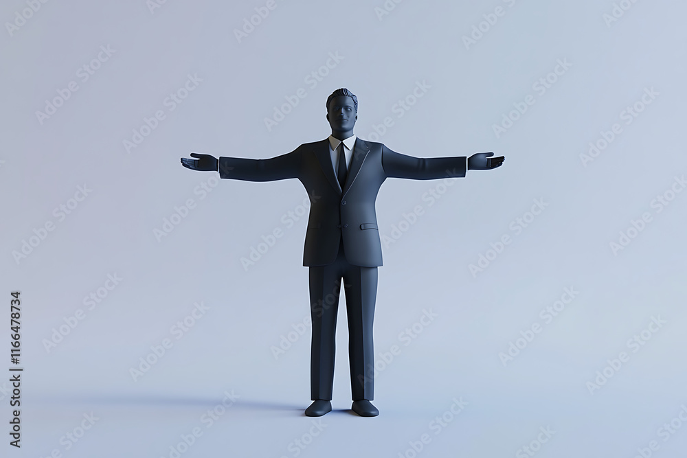 A stylized figure in a suit with arms outstretched, symbolizing openness or welcome. A stylized figure in a suit with arms outstretched, symbolizing openness or welcome.
