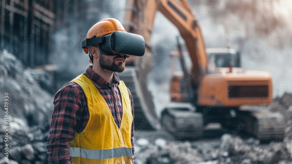 Construction worker wearing a virtual reality headset on a building site with heavy machinery in the background Construction worker wearing a virtual reality headset on a building site with heavy machinery in the background