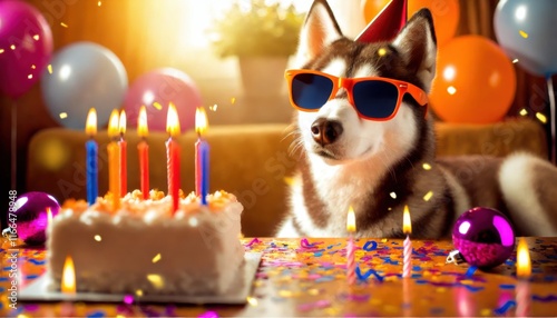 A festive scene featuring a dog wearing rainbow sunglasses and surrounded by a vibrant birthday setup with balloons and cake.