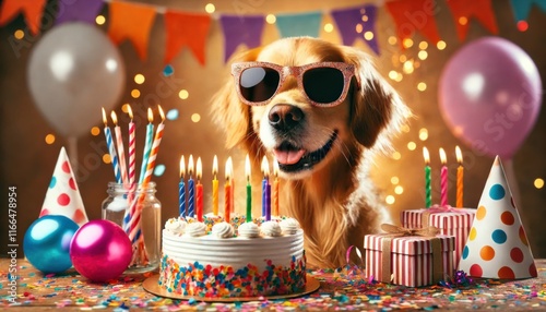 A festive scene featuring a dog wearing rainbow sunglasses and surrounded by a vibrant birthday setup with balloons and cake.