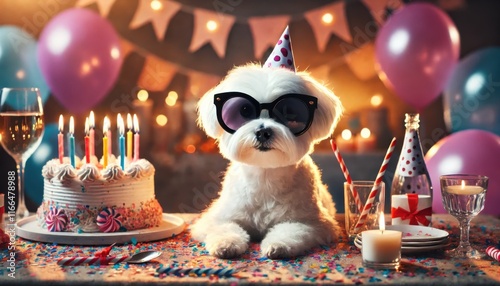 A festive scene featuring a dog wearing rainbow sunglasses and surrounded by a vibrant birthday setup with balloons and cake.