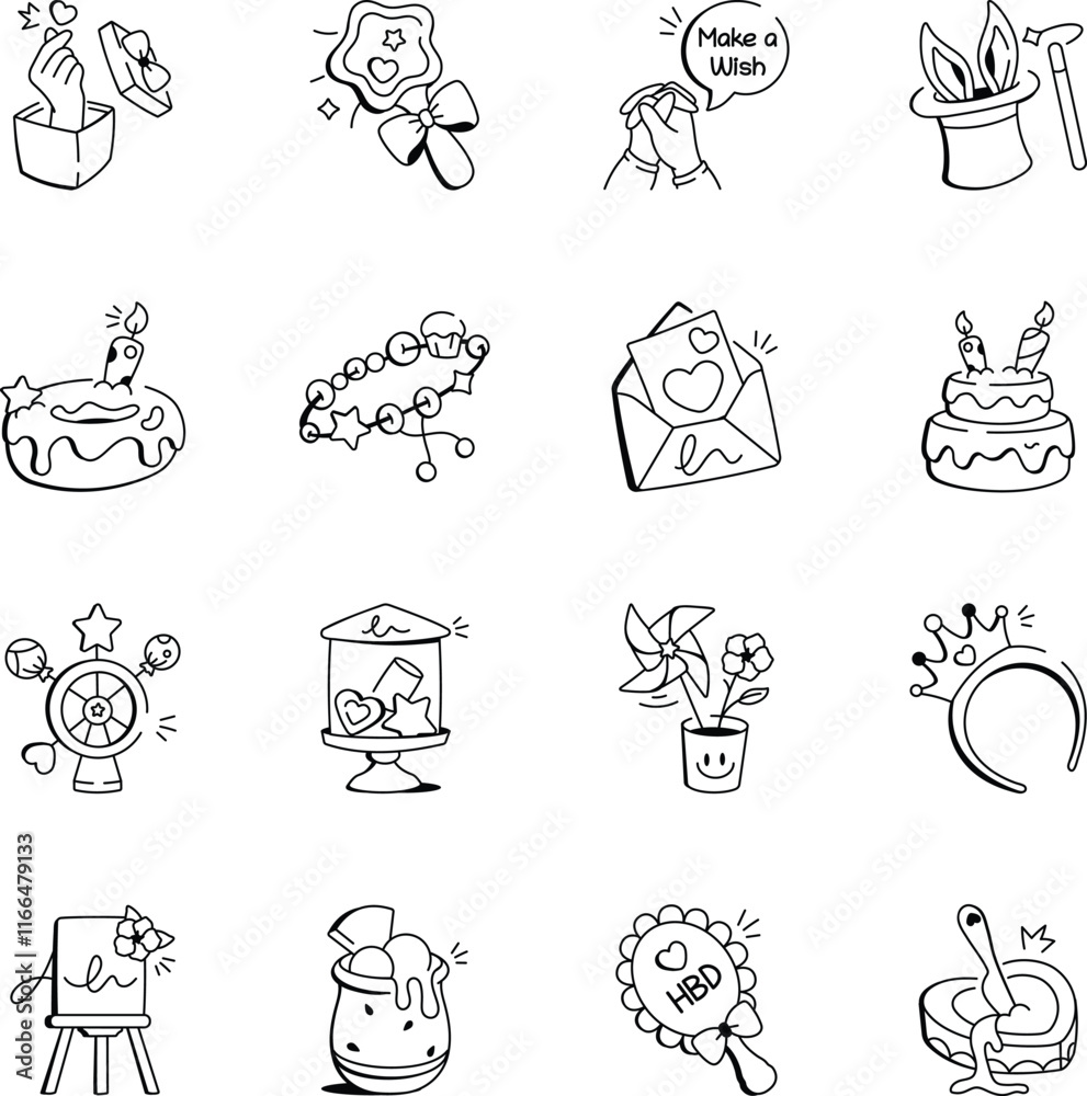 Fototapeta premium Set of Hand Drawn Birthday Accessories Icons 