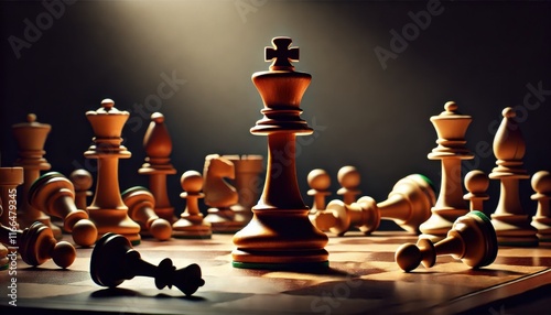 Chess King Standing Victorious on Board.