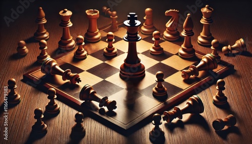 Chess King Standing Victorious on Board.