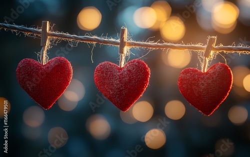 Valentine s Day scene with red hearts hanging on a clothesline, glowing dots in the background, soft bokeh lighting, perfect for lovethemed designs photo