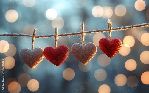 Valentine s Day scene with red hearts hanging on a clothesline, glowing dots in the background, soft bokeh lighting, perfect for lovethemed designs photo