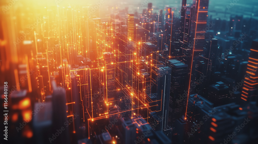 Smart Innovation city with connection cyber security network reciprocity over the sunset cityscape future wireless digital city and social media networking systems that connects people  in the city