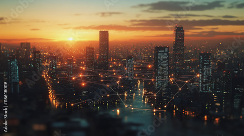 Wallpaper Mural Smart Innovation city with connection cyber security network reciprocity over the sunset cityscape future wireless digital city and social media networking systems that connects people  in the city Torontodigital.ca