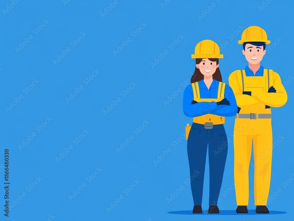 Two cartoon construction workers in hard hats standing confidently against a blue background. Two cartoon construction workers in hard hats standing confidently against a blue background.