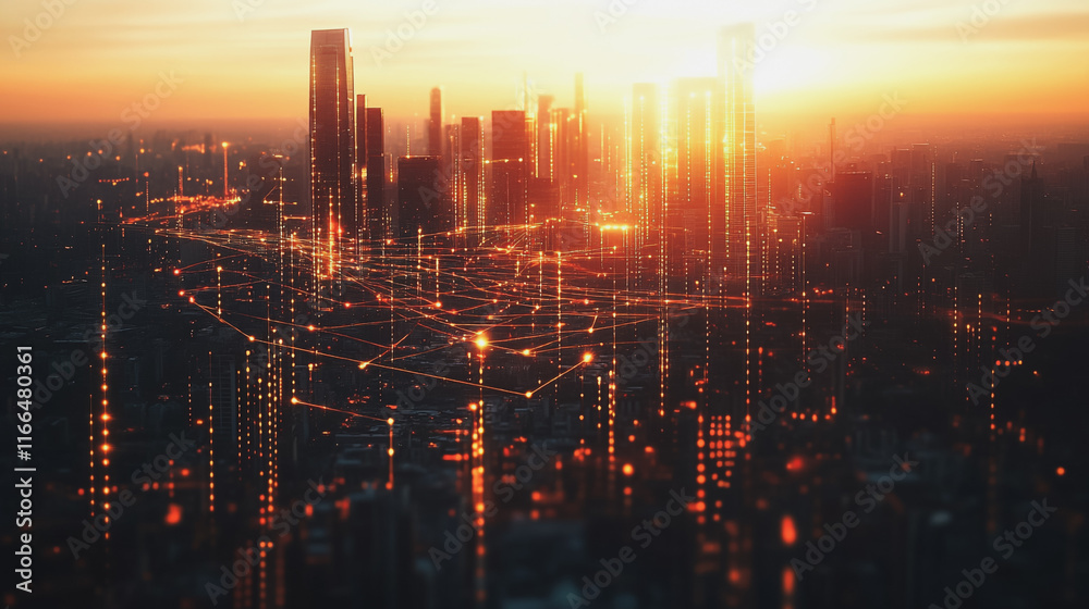 Fototapeta premium Smart Innovation city with connection cyber security network reciprocity over the sunset cityscape future wireless digital city and social media networking systems that connects people in the city