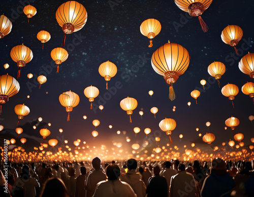 A dark sky filled with glowing paper lanterns ascending into the air, their warm light creating a serene and hopeful atmosphere photo