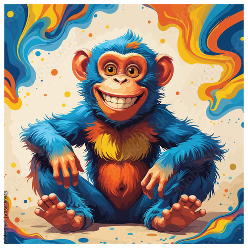 A cartoon monkey design colours graphic sitting on the ground  photo