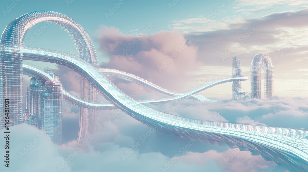 Fototapeta premium Enigmatic Sky City: Dystopian-Futuristic 3D Surrealism Artwork