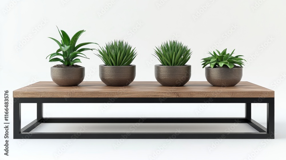 A modern table displaying four potted plants in stylish containers. A modern table displaying four potted plants in stylish containers.