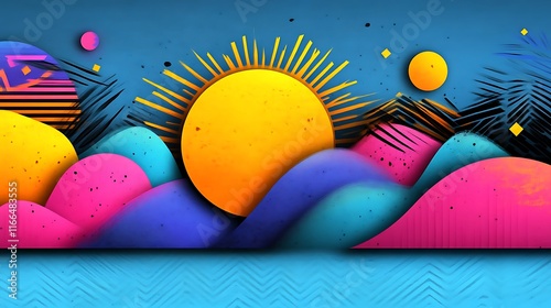 Abstract Colorful Landscape With Sun And Hills