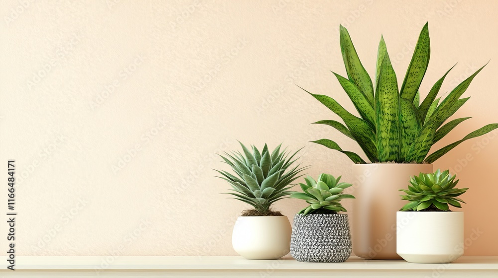 A serene display of potted plants against a soft peach wall, enhancing a cozy atmosphere. A serene display of potted plants against a soft peach wall, enhancing a cozy atmosphere.