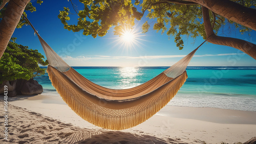 From a high-angle view on a sunny day, vibrant and colorful sun landscape illuminates luxury holiday island, with a swing or hammock hanging on an amazing tree pole over calm sea bay, creating a perf photo