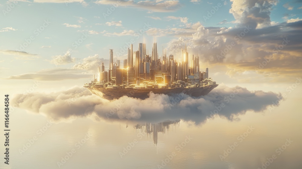 Obraz premium Ethereal Cityscape: Dystopian-Futuristic Surrealism in 3D Rendering