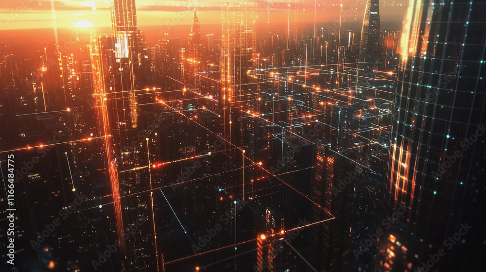 Obraz premium Smart Innovation city with connection cyber security network reciprocity over the sunset cityscape future wireless digital city and social media networking systems that connects people in the city