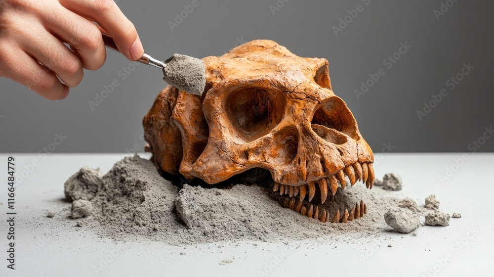 A hand excavates a dinosaur skull from gray material, simulating a paleontological dig. A hand excavates a dinosaur skull from gray material, simulating a paleontological dig.