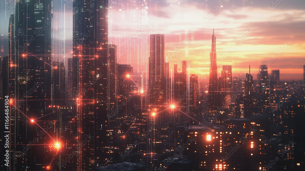 Fototapeta premium Smart Innovation city with connection cyber security network reciprocity over the sunset cityscape future wireless digital city and social media networking systems that connects people in the city