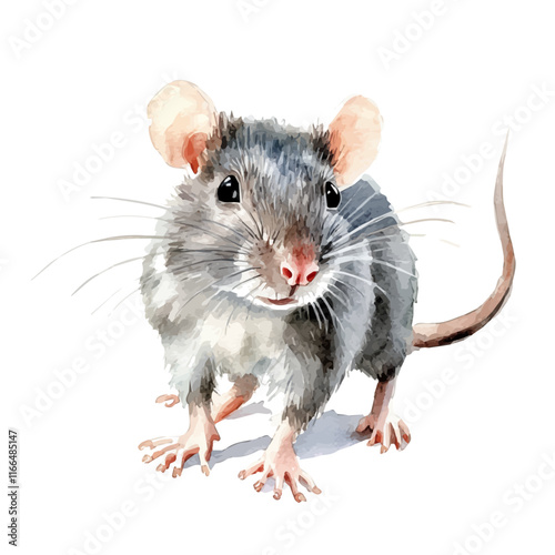 A watercolor vector painting of a rat, isolated on a white background. Rat vector.

