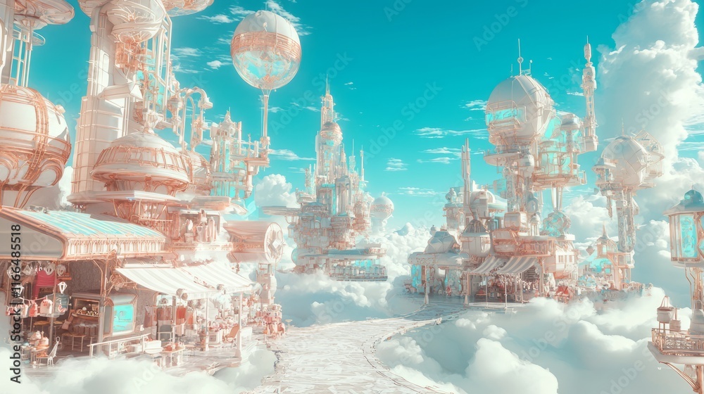 Ethereal Futurescape: Surreal Marketplace in Clouds with Futuristic Stalls and Floating Vendors | 3D Rendered Dystopian-Futuristic Artwork Ethereal Futurescape: Surreal Marketplace in Clouds with Futuristic Stalls and Floating Vendors | 3D Rendered Dystopian-Futuristic Artwork