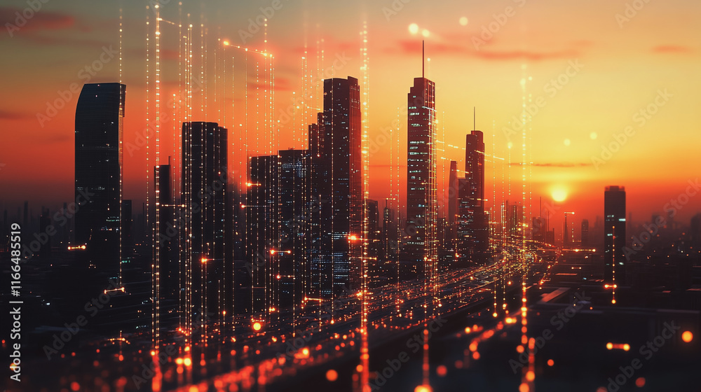 Fototapeta premium Smart Innovation city with connection cyber security network reciprocity over the sunset cityscape future wireless digital city and social media networking systems that connects people in the city
